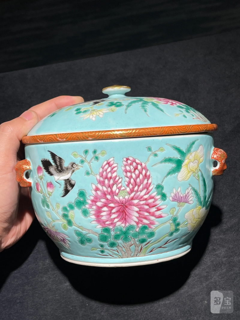 清光绪 松石绿地粉彩花鸟纹温锅 - 图2